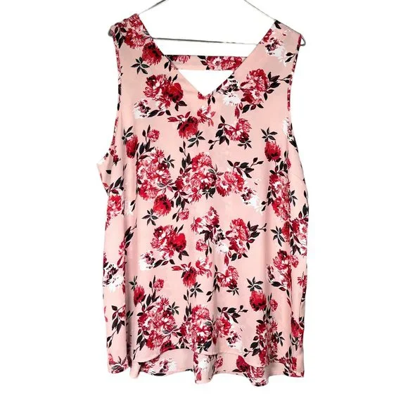Maurices Womens Dressy Floral Tank Top Sz XL Pink V Neck Bar Back Flowy Chiffon - Picture 2 of 10